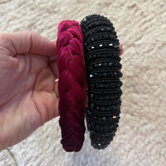 2 Fall Winter Holiday Christmas Headbands Burgundy Black Beaded Velvet Braided - Picture 2 of 6